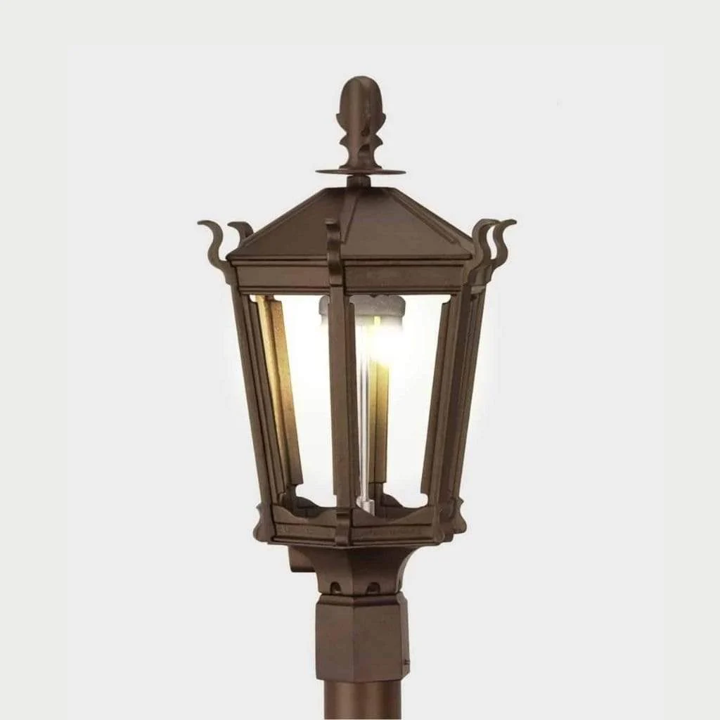 American Gas Lamp Works Gothic 2900H 14" White Residential Post Mount Aluminum Propane Gas Lamp With Triple Inverted Gas Mantle Light Assembly, Beveled Tempered Glass Panes and Brass Urn Finial