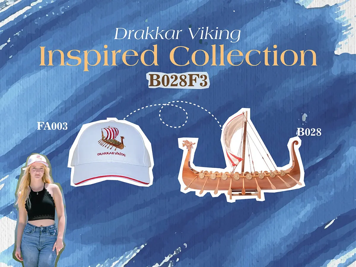 Drakkar Viking Combo – 20" H Wooden Ship Model and Embroidered Hat By Old Modern Handicrafts