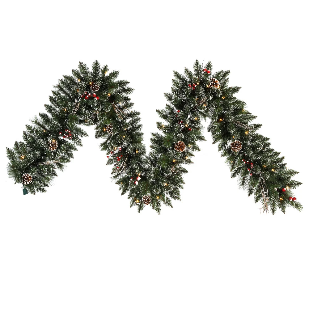 Vickerman B166313 9' Snow Tipped Pine and Berry Artificial Christmas Garland Clear Dura-lit Incandescent Mini Lights