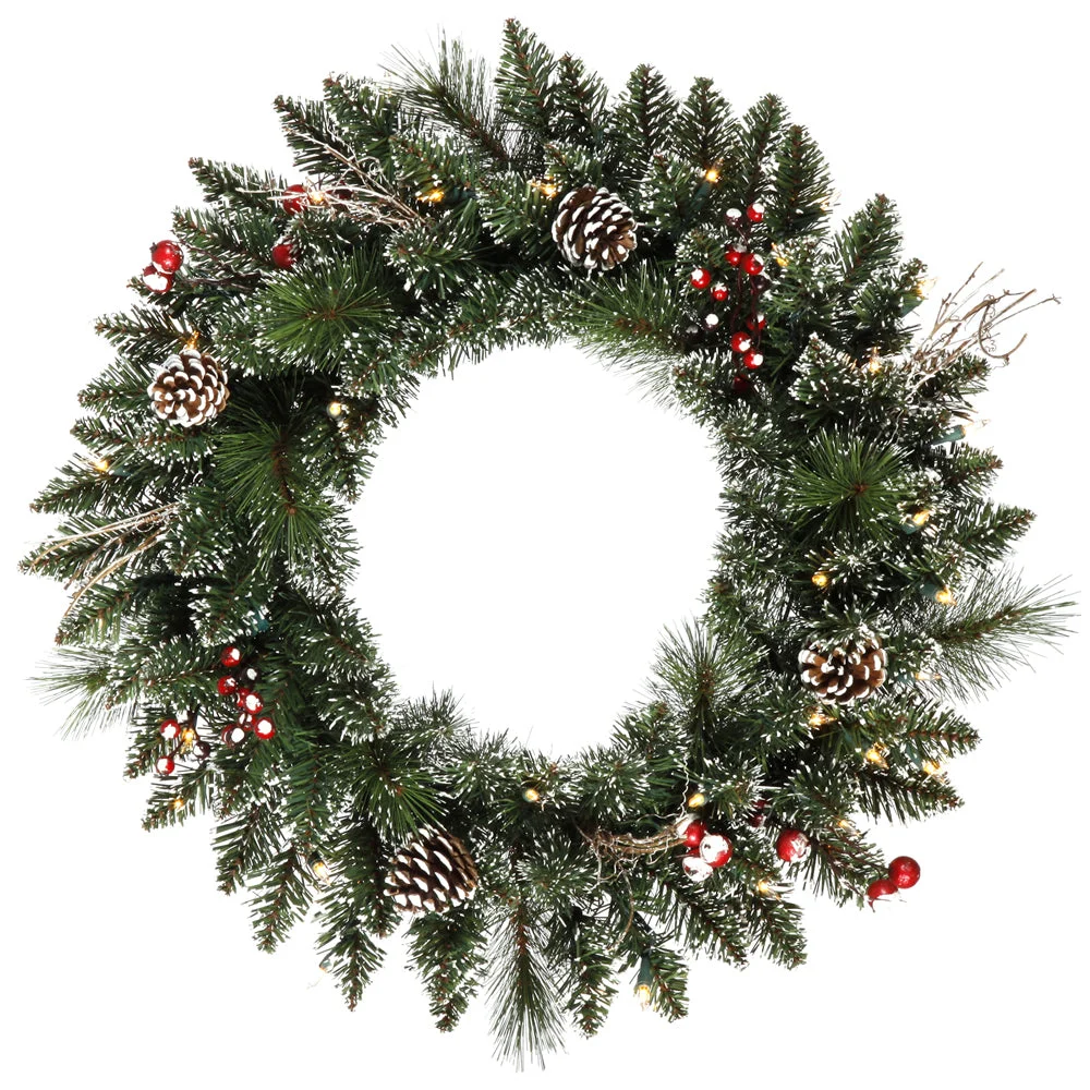 Vickerman B166325LED 24" Snow Tipped Pine and Berry Artificial Christmas Wreath Warm White Dura-lit LED Mini Lights