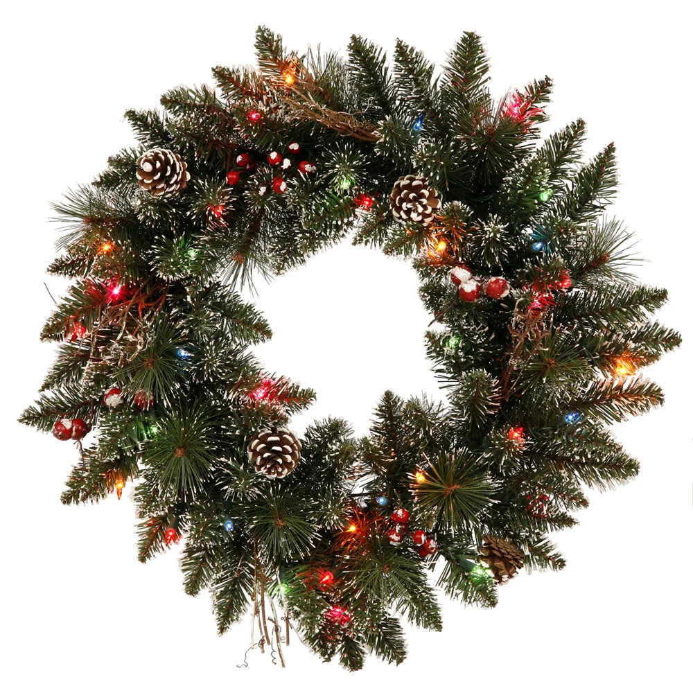 Vickerman B166326LED 24" Snow Tipped Pine and Berry Artificial Christmas Wreath Multi-colored Dura-lit LED Mini Lights