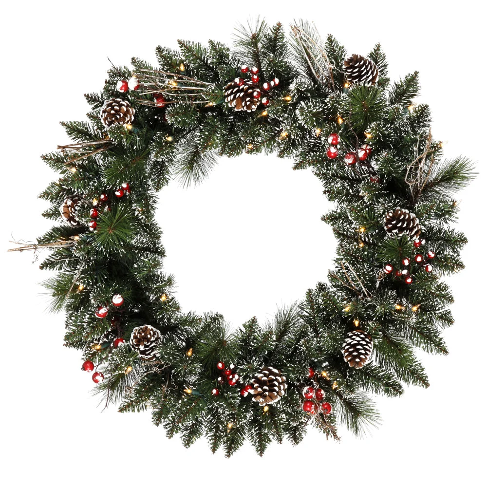 Vickerman B166331LED 30" Snow Tipped Pine And Berry Artificial Christmas Wreath Warm White Dura-Lit Led Mini Lights