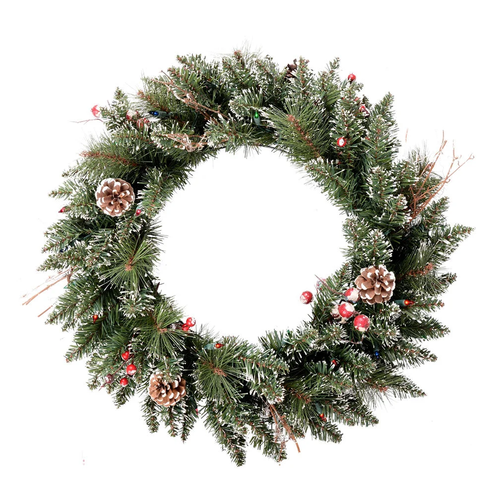 Vickerman B166332LED 30" Snow Tipped Pine and Berry Artificial Christmas Wreath Multi-colored Dura-lit LED Mini Lights