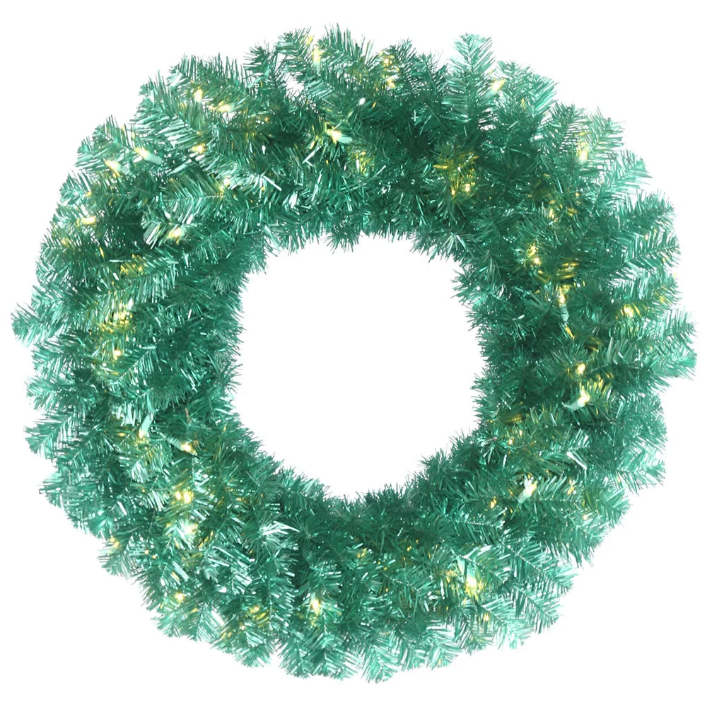 Vickerman B173131LED 30" Artificial Teal Pine Wreath with 240 PVC tips and 70 Dura-Lit® LED Sky Blue Mini Lights