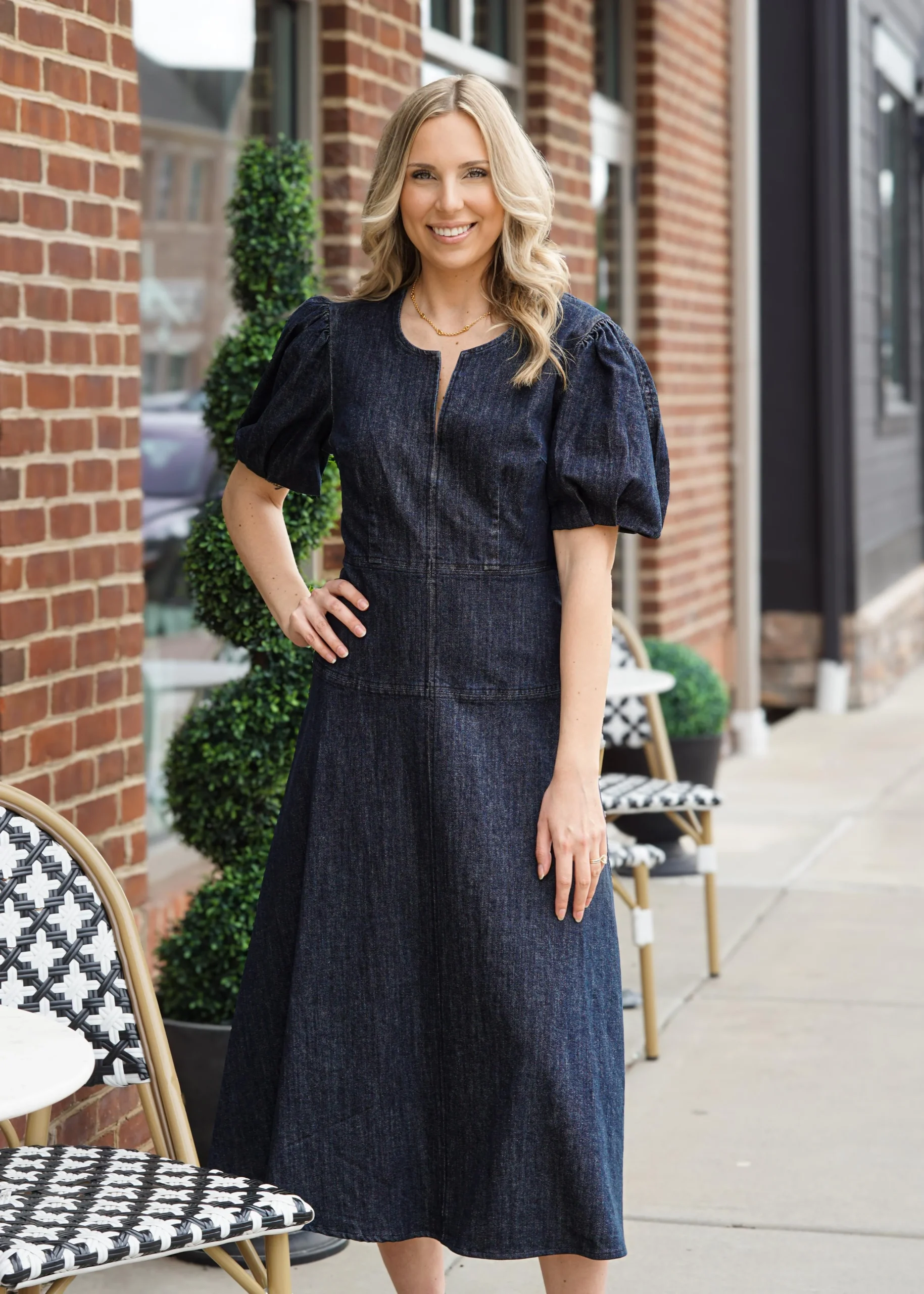 Puff Sleeve Midi Denim Dress
