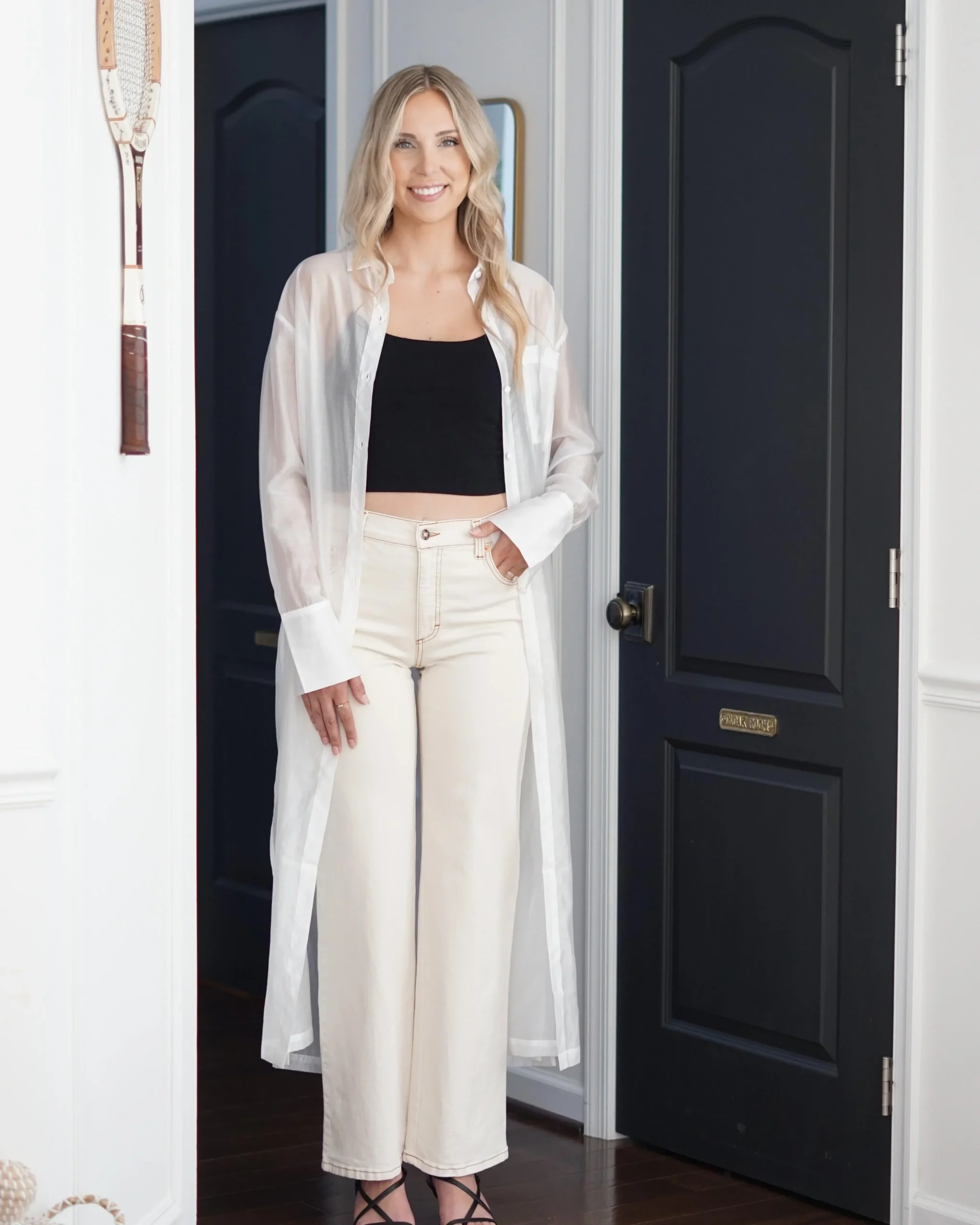 Tory Long Line Sheer Button Up Top