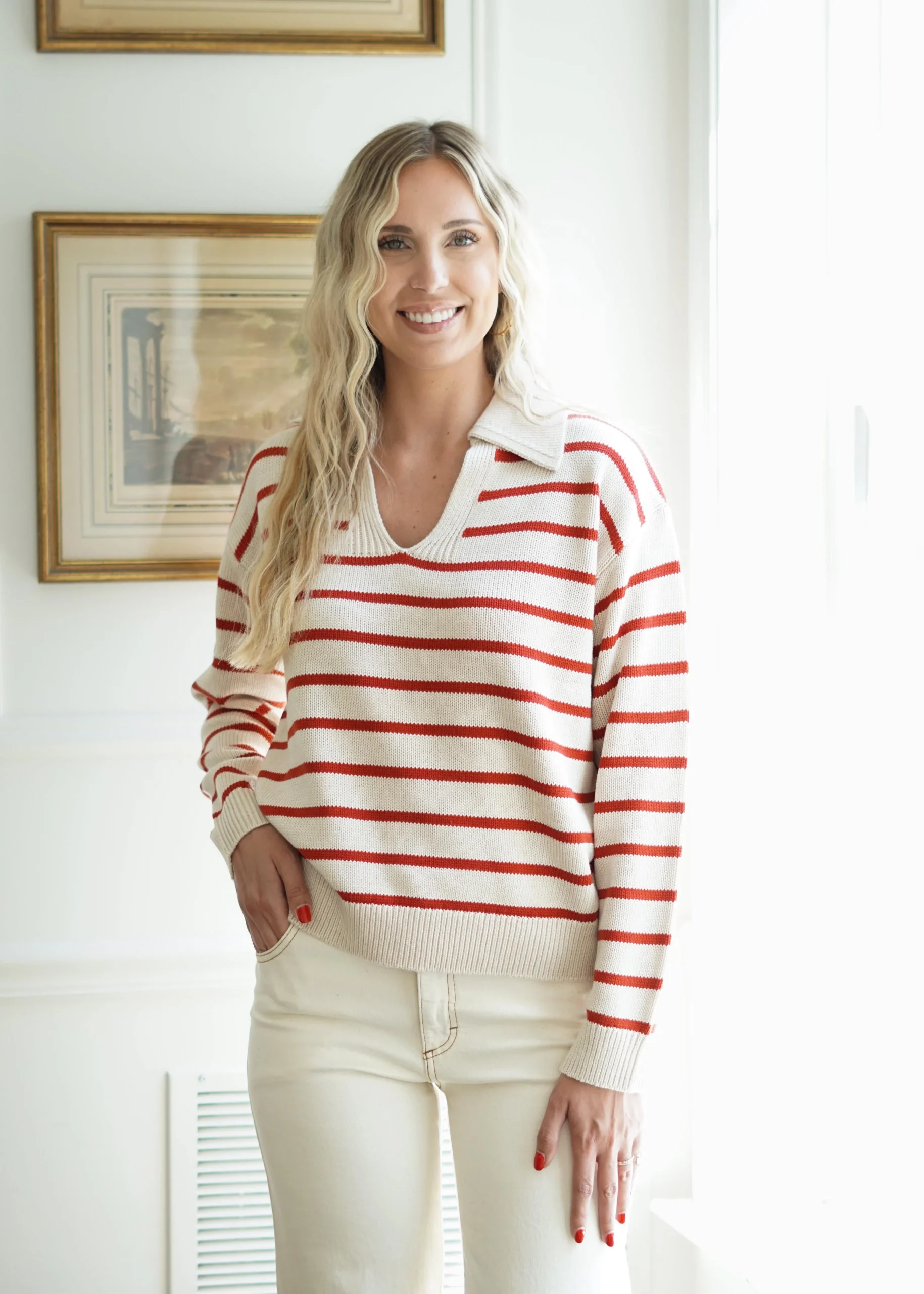 Lou Stripe Polo Sweater // Red & Ecru