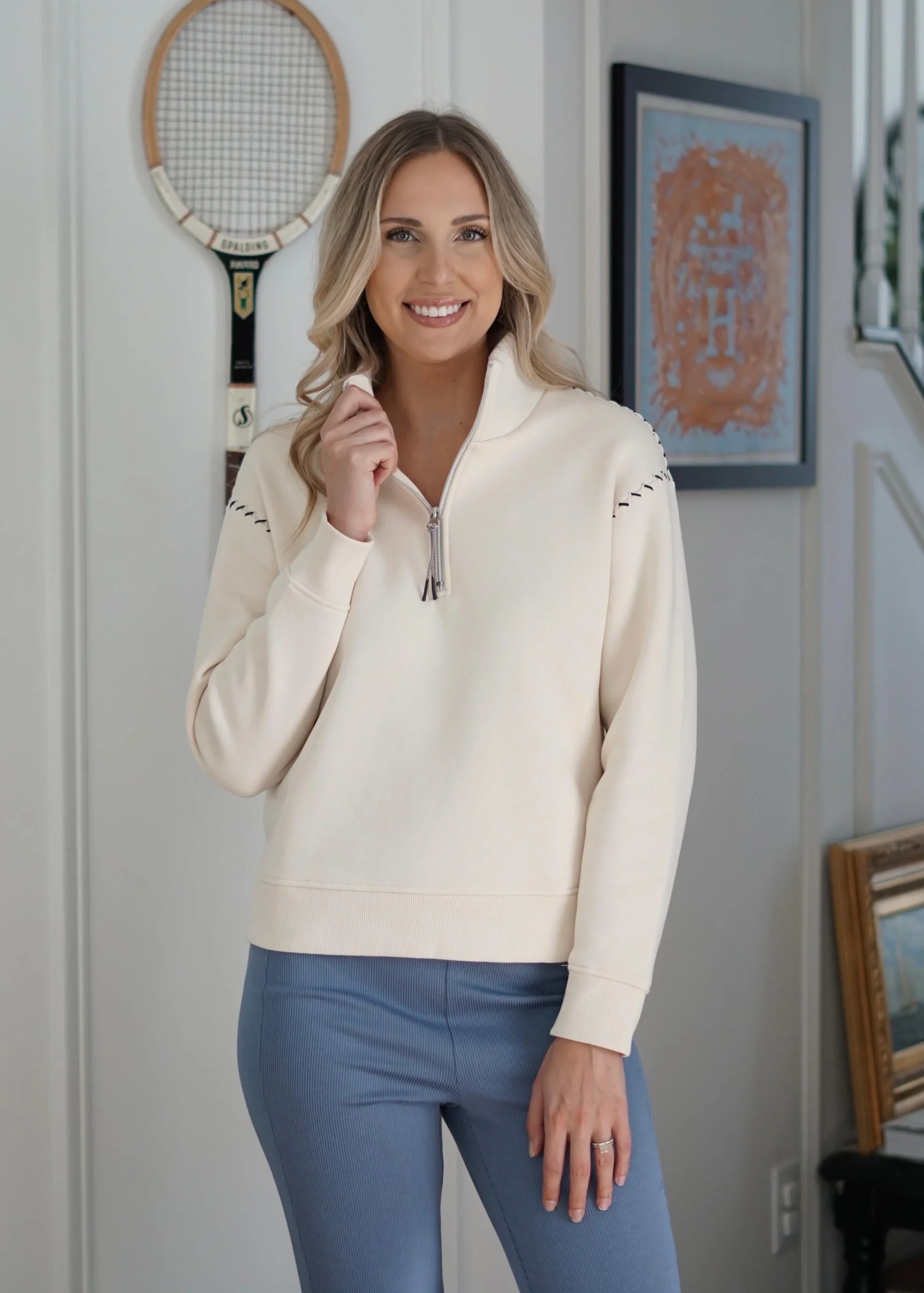 Cait Quarter Zip Contrast Stitch Sweatshirt // Moonstone