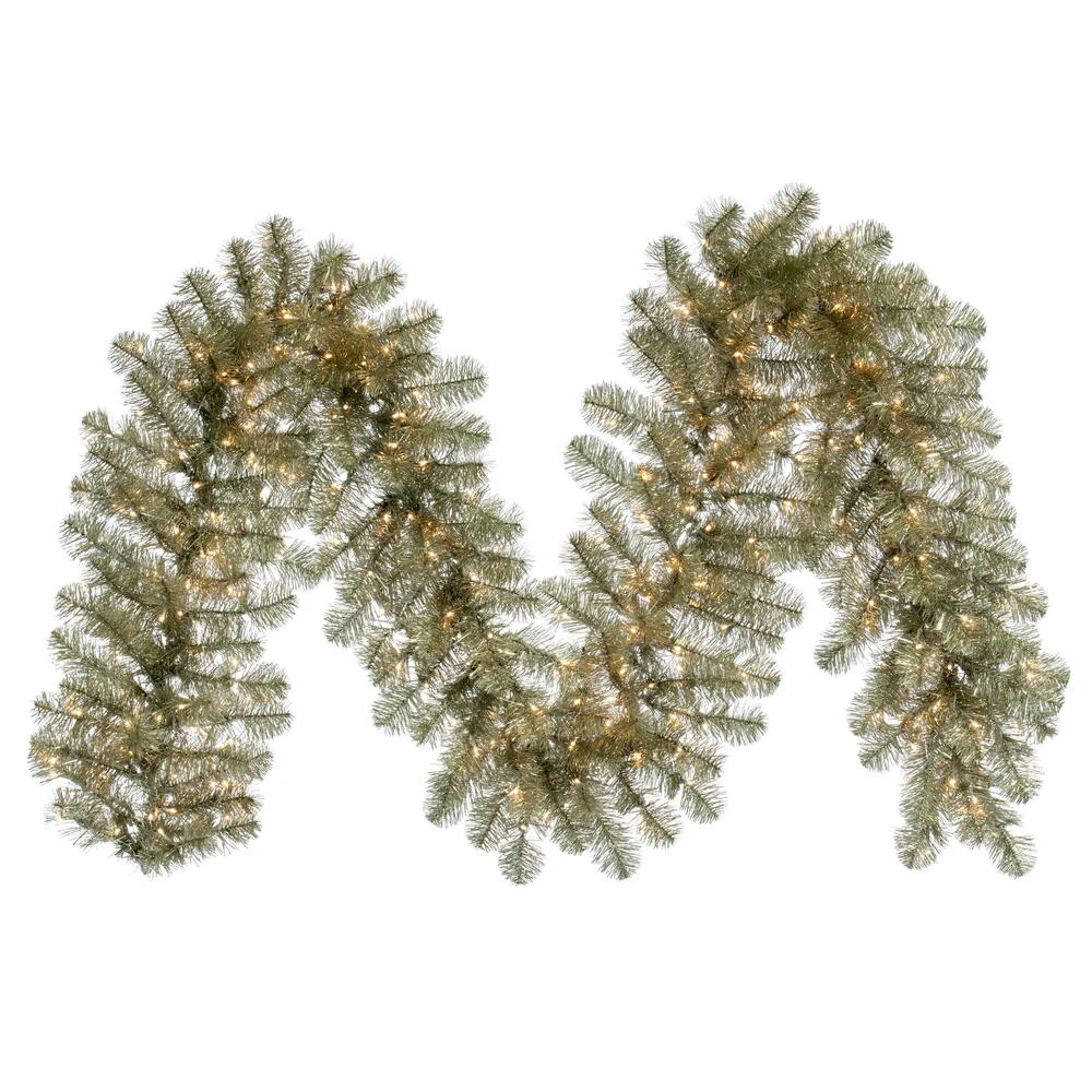 Vickerman G182314LED 9' X 14" Champagne Artificial Christmas Garland Warm White Led 3Mm 8 Function Lights