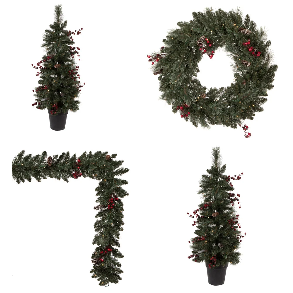 Vickerman G188633 Artificial 4 Piece Decorated Front Door Set With 200 Battery Operated Warm White 3Mm Led Lights