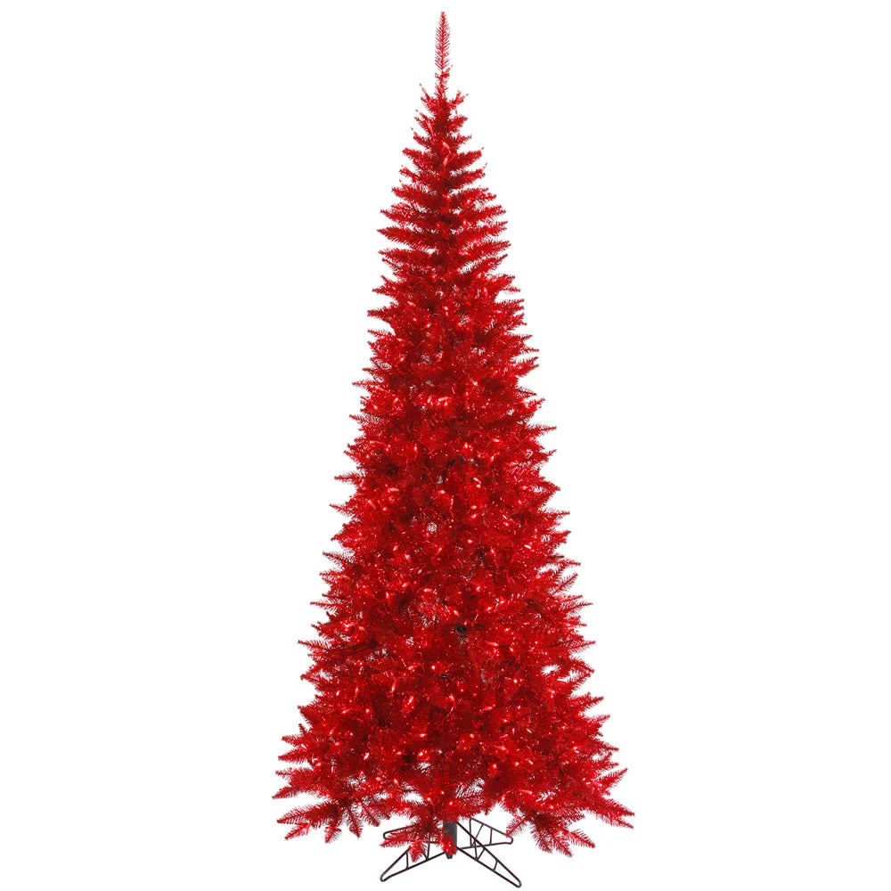 Vickerman 4.5' Tinsel Red Fir Slim Artificial Christmas Tree Red Dura-lit LED