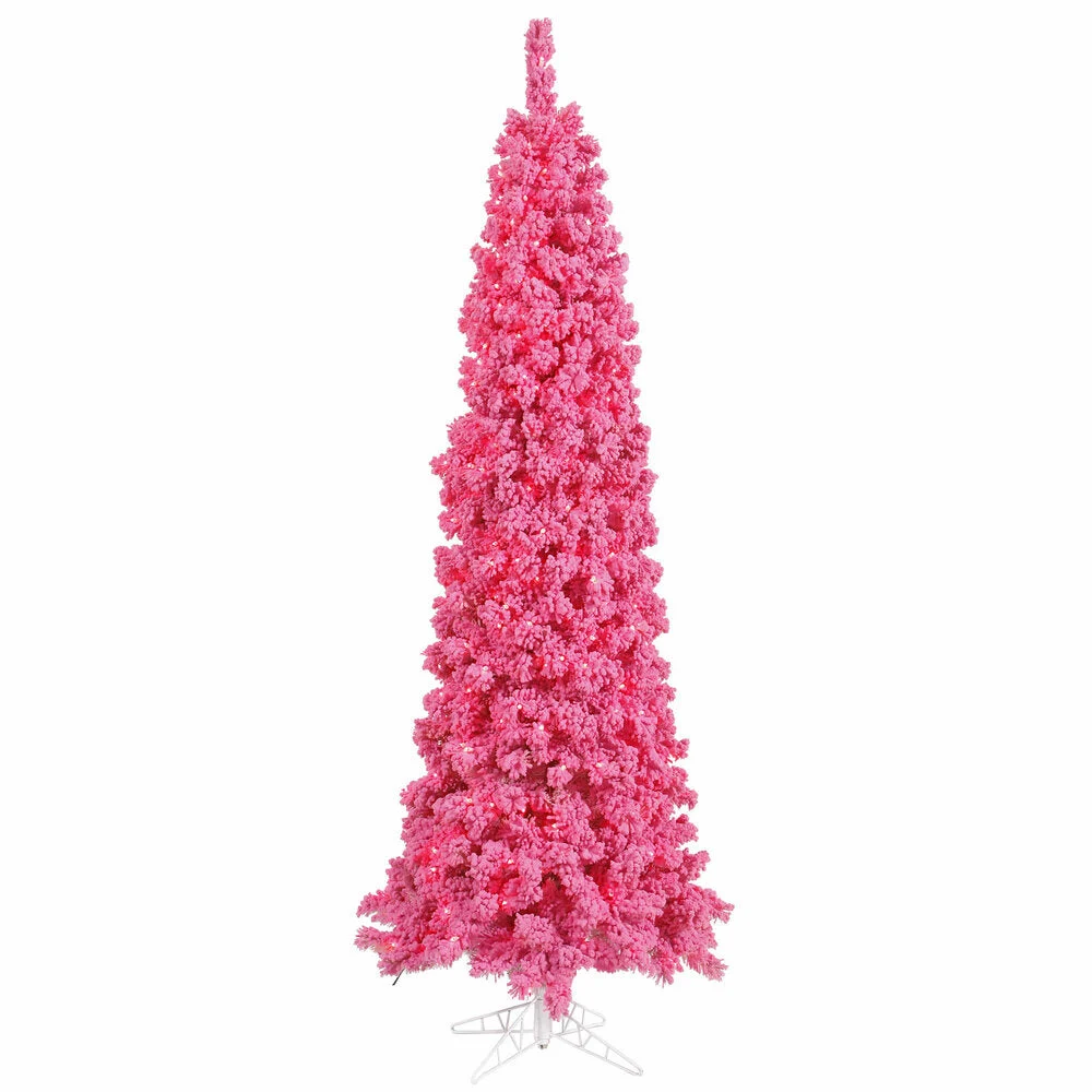 Vickerman 4.5' Flocked Pink Slim Fir Artificial Christmas Tree Pink Dura-lit LED