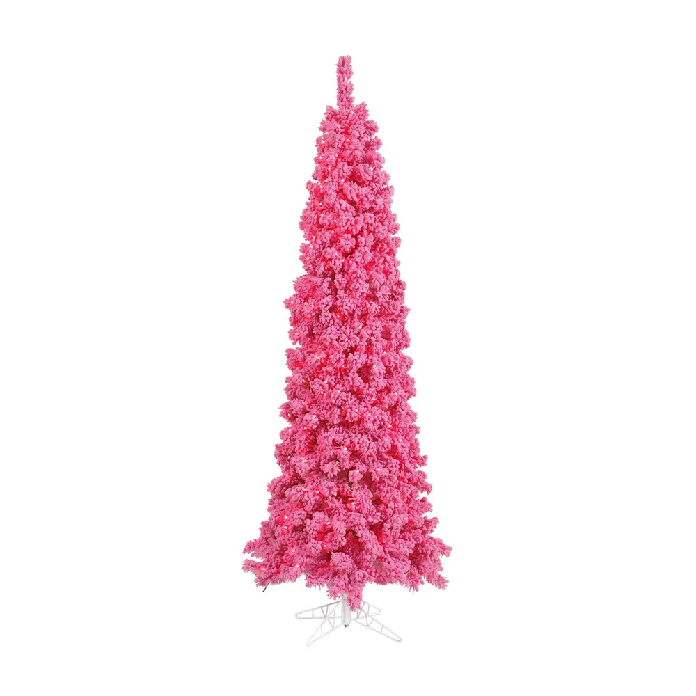 Vickerman 7.5' Flocked Pink Slim Fir Artificial Christmas Tree Pink Dura-lit LED