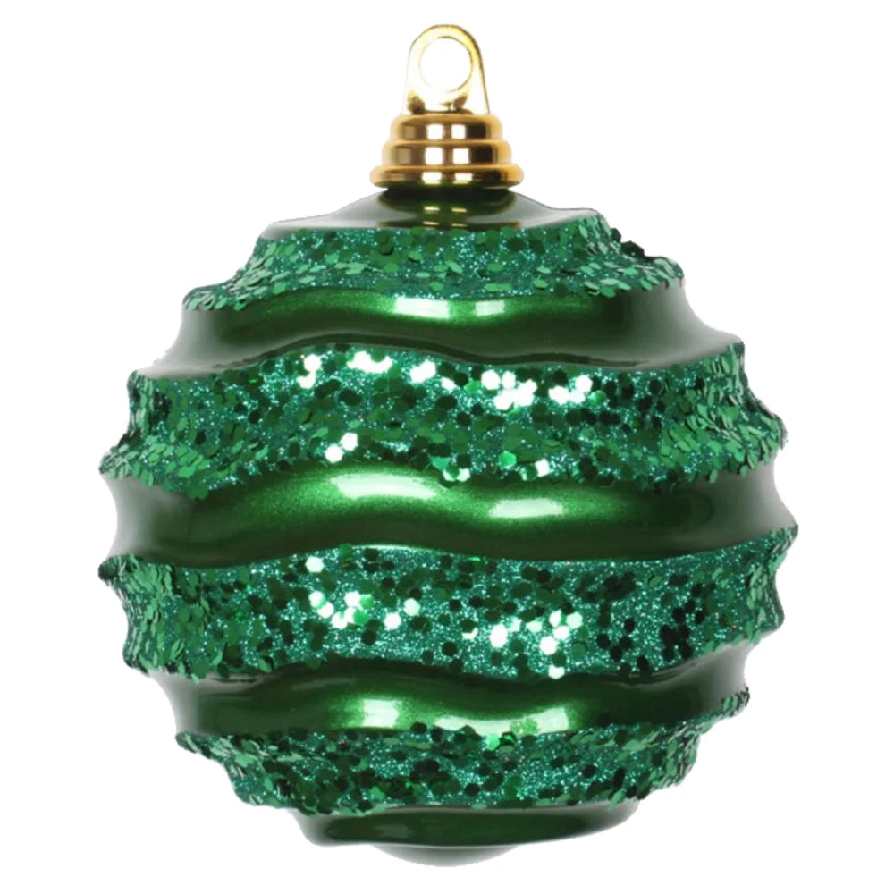 Vickerman M132004 6" Green Candy Finish Wave Ball Christmas Ornament With Glitter Accents