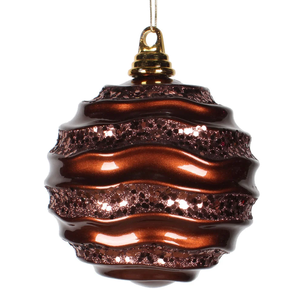 Vickerman M1320CH 6" Chocolate Stripe Candy Finish Wave Ball Christmas Ornament With Matching Glitter Accents
