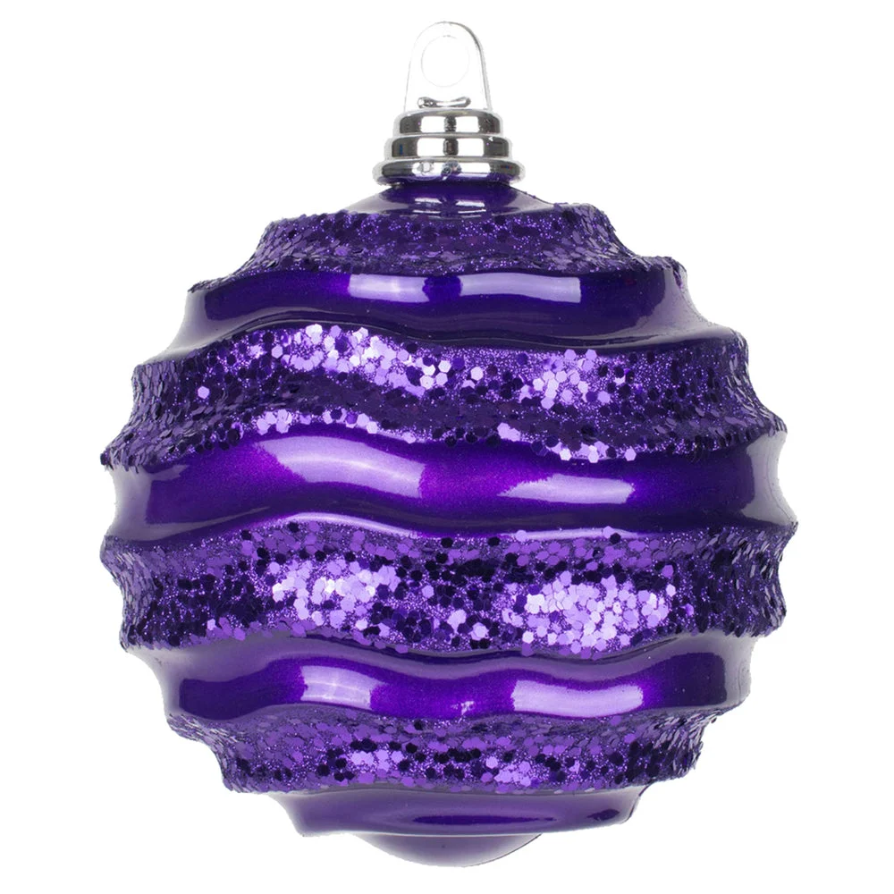 Vickerman M132026 6" Plum Stripe Candy Finish Wave Ball Christmas Ornament With Glitter Accents
