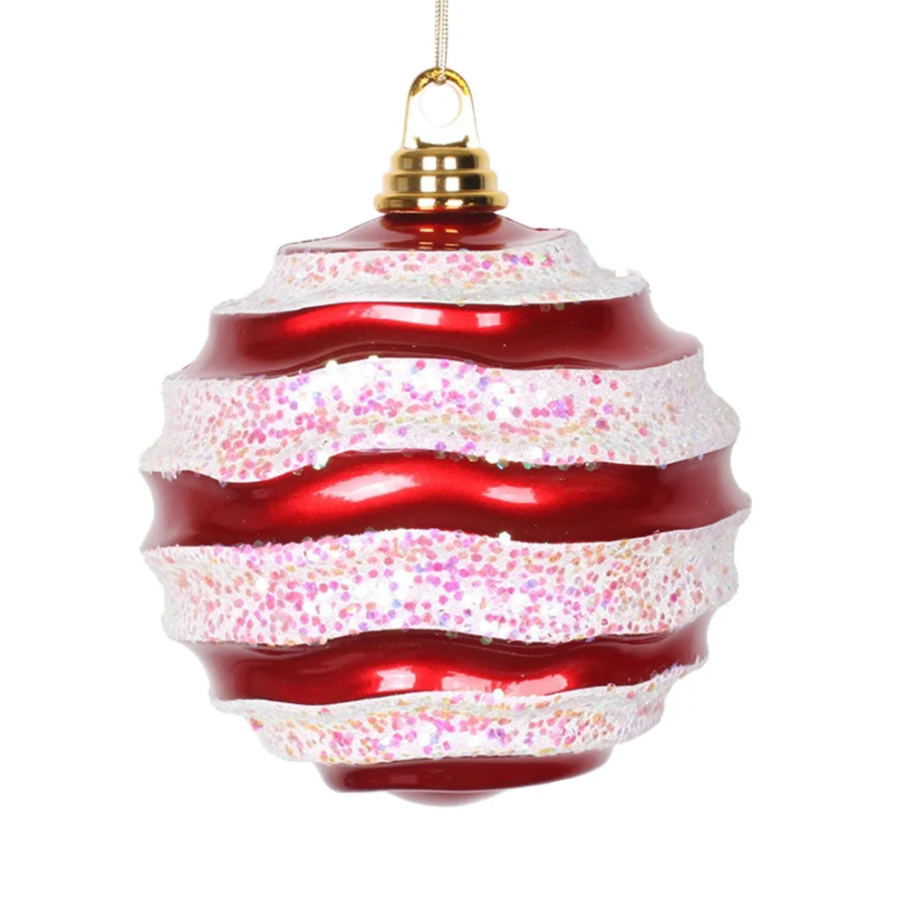 Vickerman M132073 6" Red And White Stripe Candy Finish Wave Ball Christmas Ornament With Glitter Accents