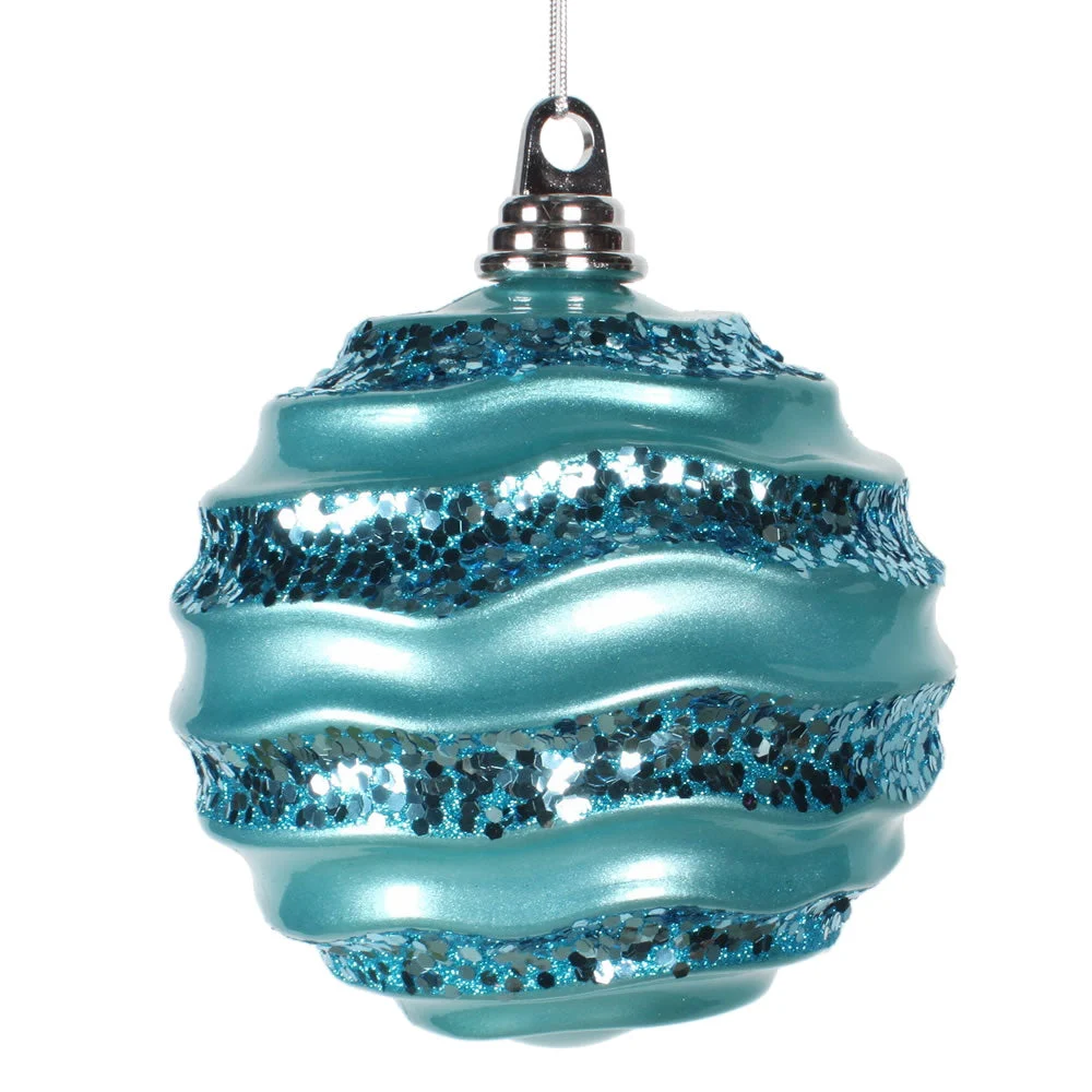 Vickerman M132112 8' Turquoise Stripe Candy Finish Wave Ball Christmas Ornament With Glitter Accents