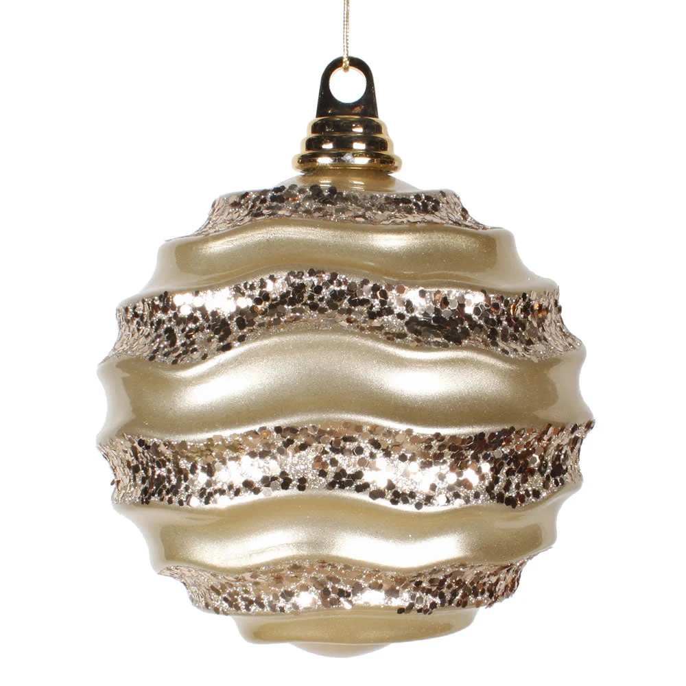 Vickerman M132138 8' Champagne Stripe Candy Finish Wave Ball Christmas Ornament With Glitter Accents