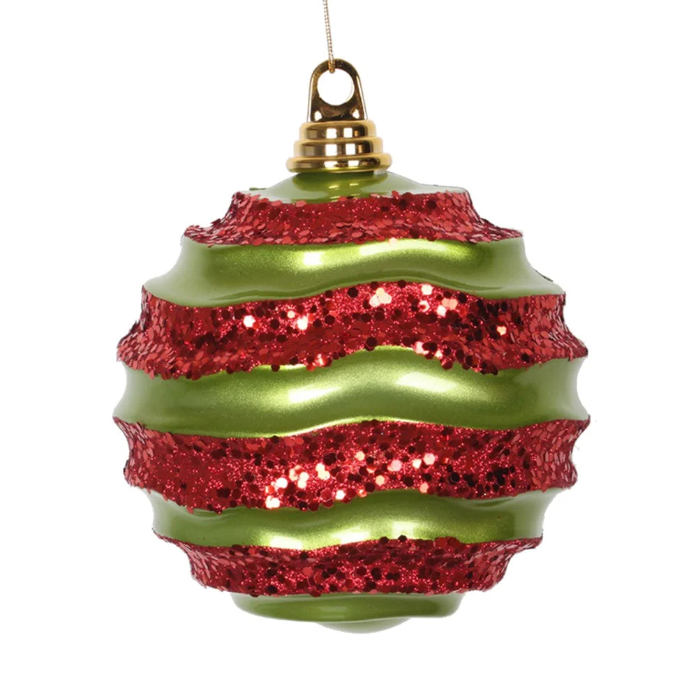 Vickerman M132174 8' Lime And Red Stripe Candy Finish Wave Ball Christmas Ornament With Glitter Accents