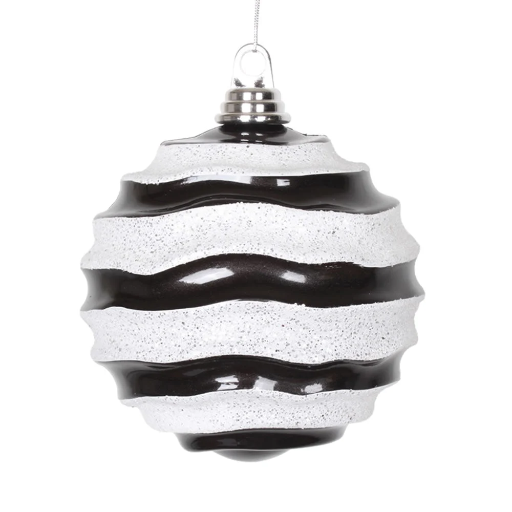Vickerman M132177 8' Black And White Stripe Candy Finish Wave Ball Christmas Ornament With Glitter Accents