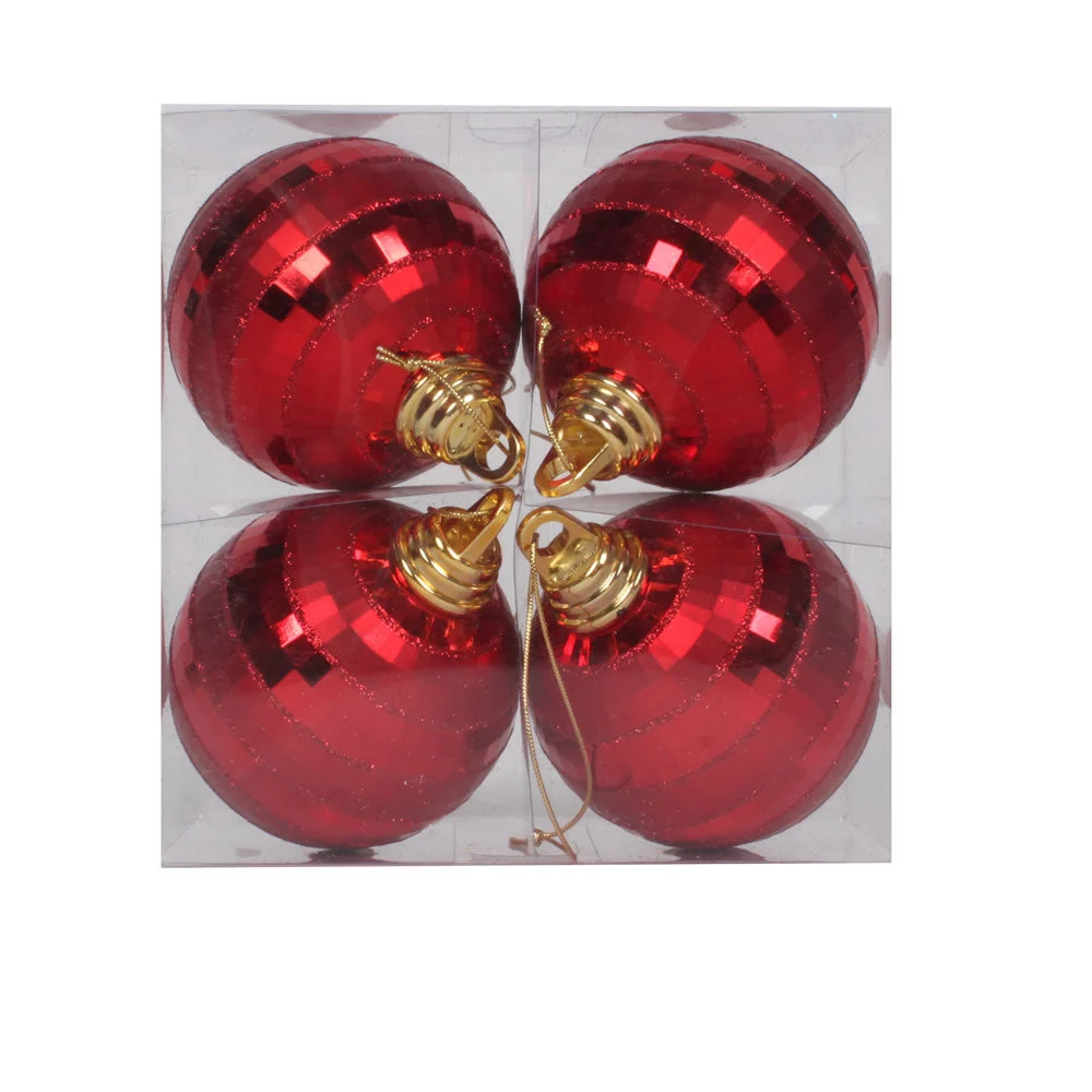 Vickerman M151403 4" Red Shiny And Matte Mirror Ball Christmas Ornament With Glitter Accents 4 Per Box