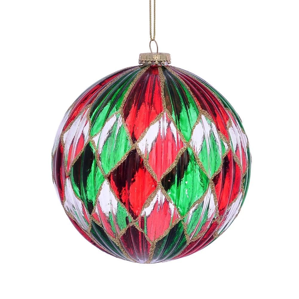 Vickerman MC190212 4.75" Red Green And Clear Diamond Pattern Ball Ornament 3 Per Bag