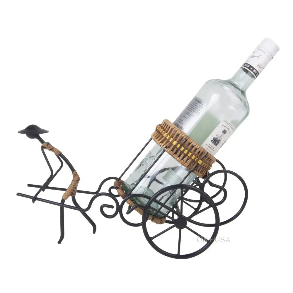Asian Style Rickshaw Puller Wine Holder – Metal and Rattan – 8.66 in Display Rack By Old Modern Handicrafts