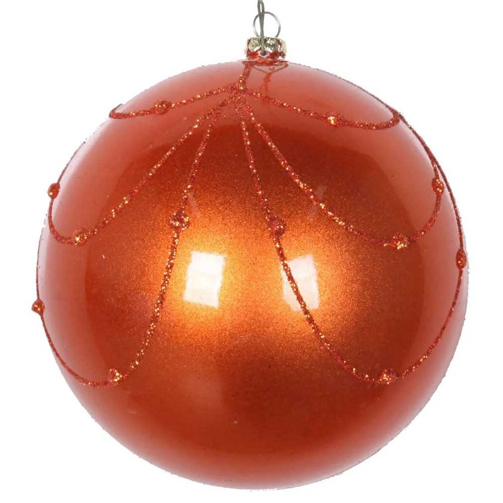 Vickerman Mt194518D 4" Burnish Orange Candy Finish Curtain Ornament With Glitter Accents 4/Bag