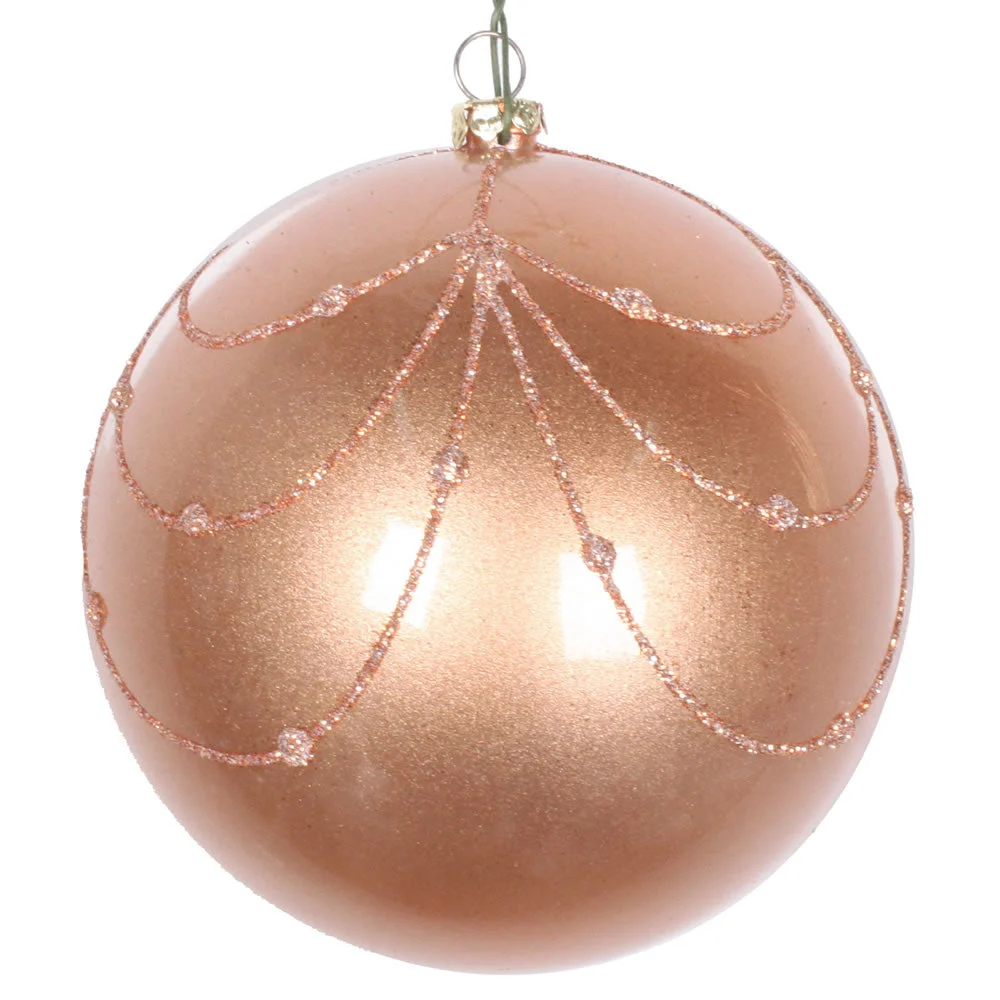 Vickerman Mt194558D 4" Rose Gold Candy Finish Curtain Ornament With Glitter Accents 4/Bag