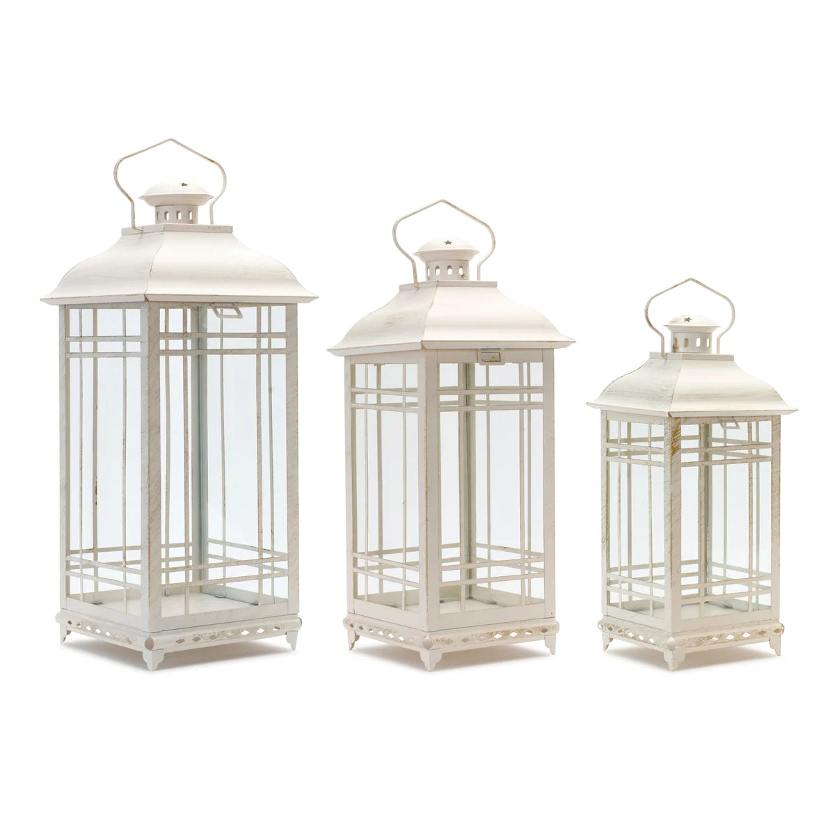 Traditional Ivory Metal Lantern Set of 3 – Metal & Glass Decorative Lanterns 19.25" by Melrose