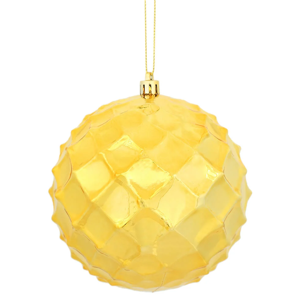 Vickerman N174237D 4.75" Honey Gold Shiny Diamond Bauble Ornament With Drilled And Wired Caps. Comes 4 Per Bag.