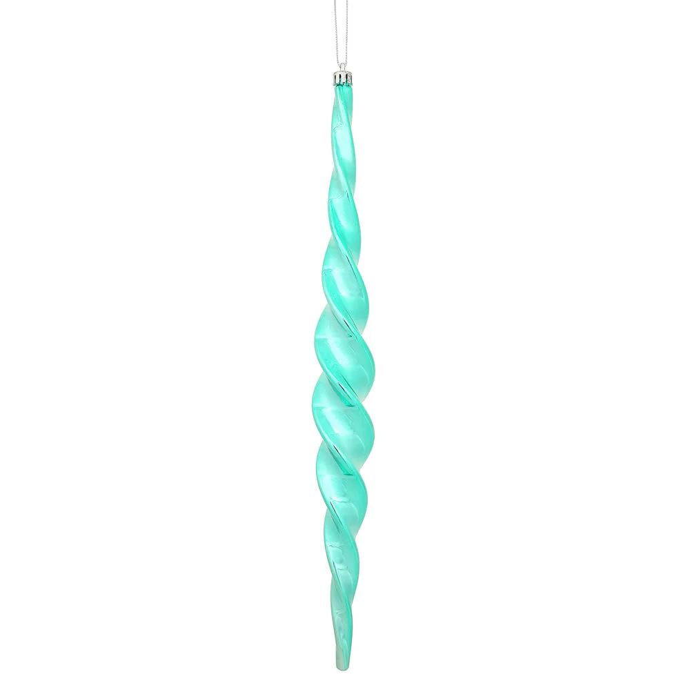 Vickerman N175142D 14.6" Teal Shiny Spiral Icicle Ornament With Drilled And Wired Caps Comes 2/Box