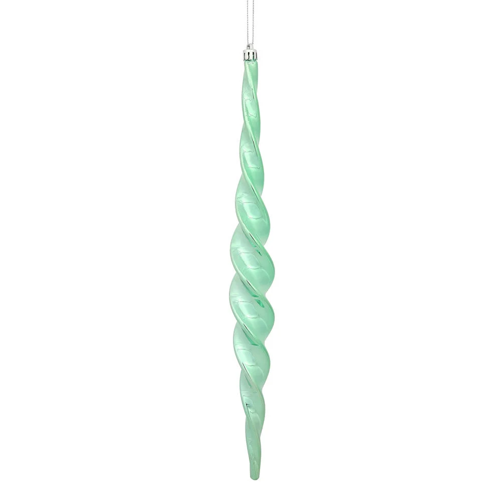 Vickerman N175144D 14.6" Seafoam Shiny Spiral Icicle Ornament With Drilled And Wired Caps Comes 2/Box