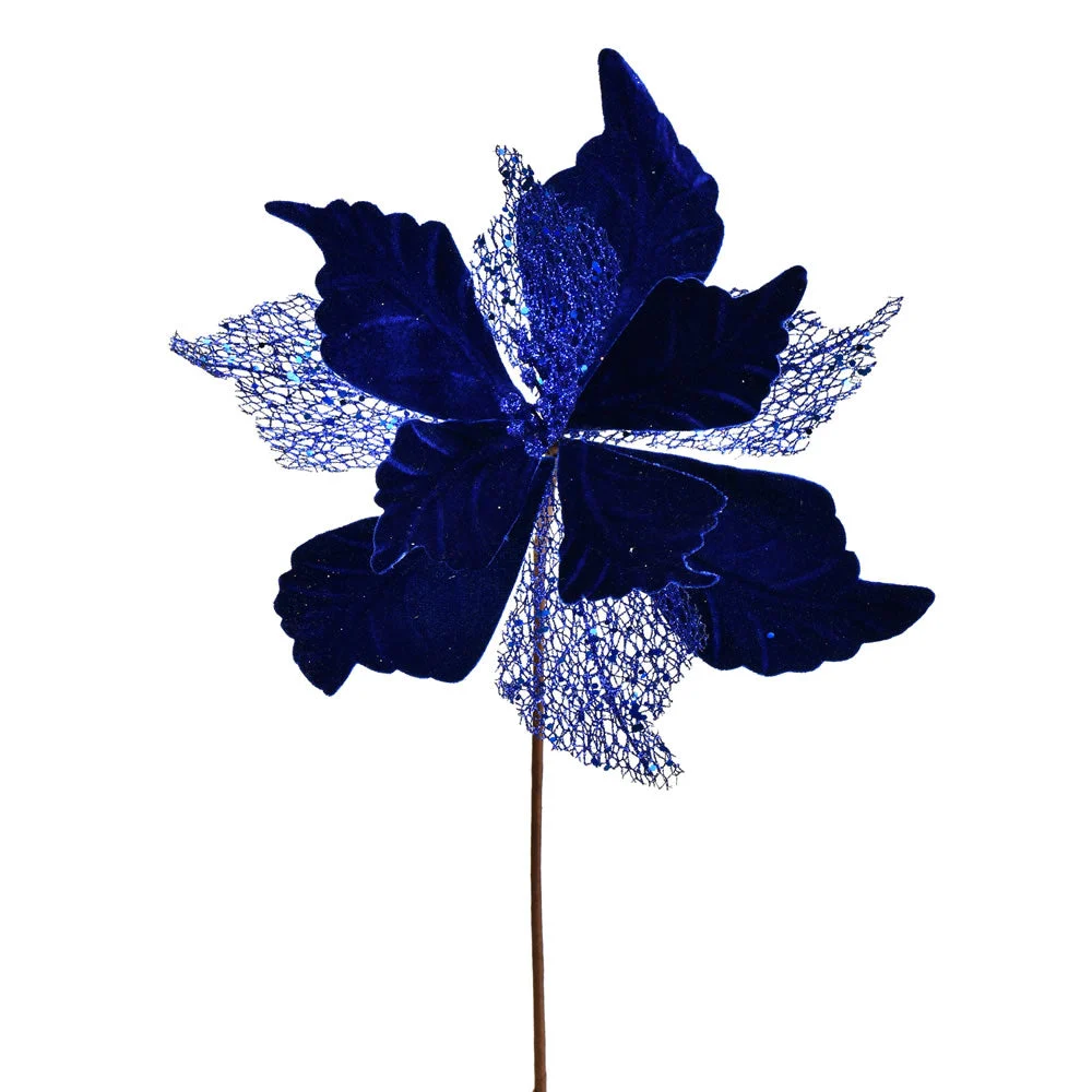 Vickerman QG190812 12" X 20" Turquoise Velvet Poinsettia Mesh Artificial Christmas Spray. Includes 6 Sprays Per Pack.