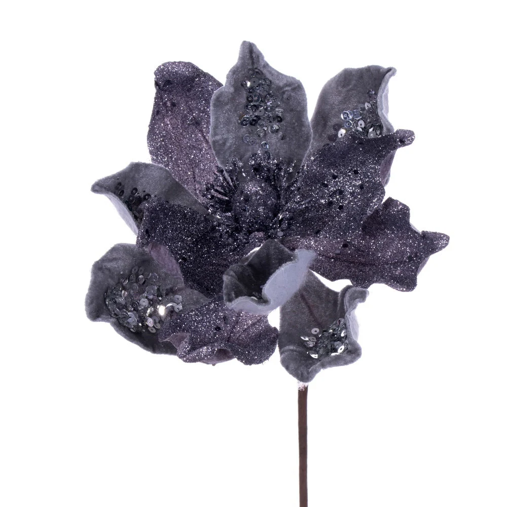 Vickerman QG211087 15" Artificial Pewter Deluxe Magnolia Christmas Stem 8" Flower 6 Per Bag