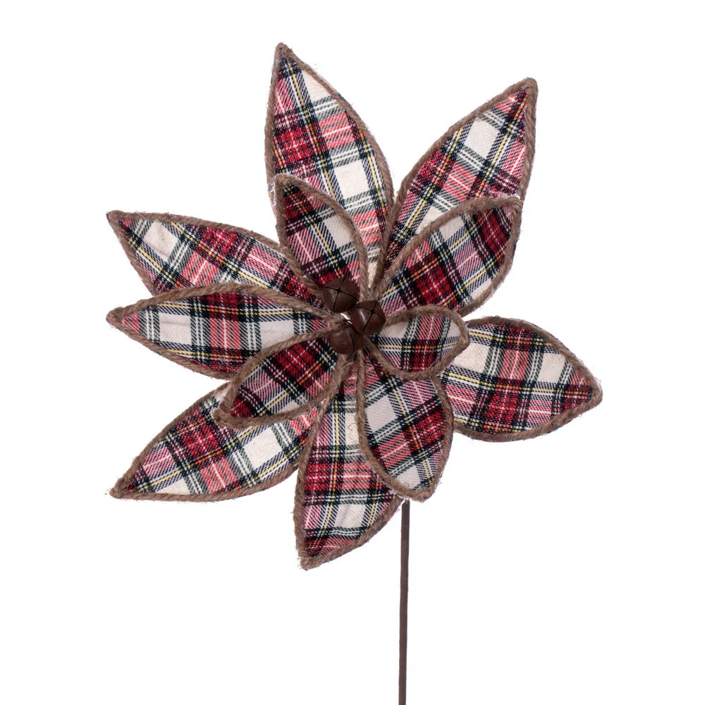 Vickerman QG213112 17" Artificial Red White And Jute Plaid Poinsettia Christmas Stem 4 Per Bag