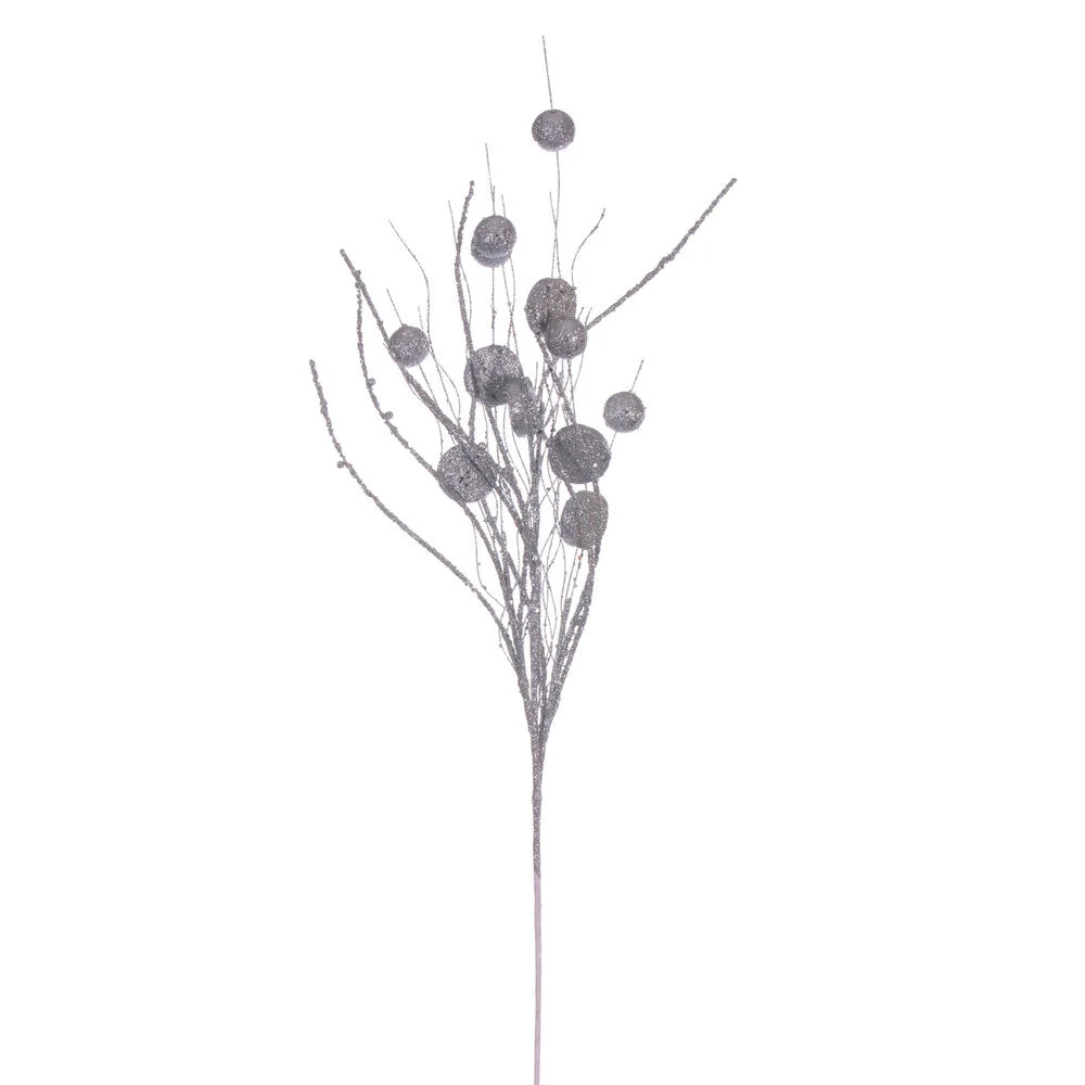 Vickerman QG220807 33" Silver Ball And Coin Glitter Twig Spray 6 Per Bag.