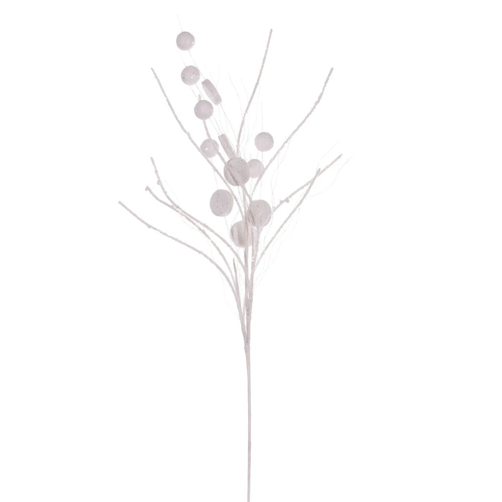 Vickerman QG220811 33" White Ball And Coin Glitter Twig Spray 6 Per Bag.