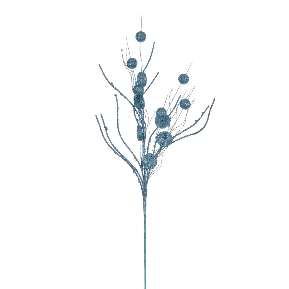 Vickerman QG220832 33" Baby Blue Ball And Coin Glitter Twig Spray 6 Per Bag.