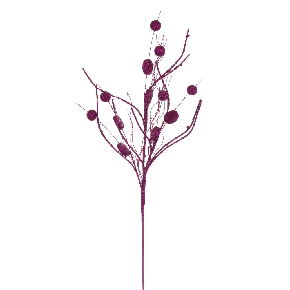 Vickerman QG220870 33" Fuchsia Ball And Coin Glitter Twig Spray 6 Per Bag.