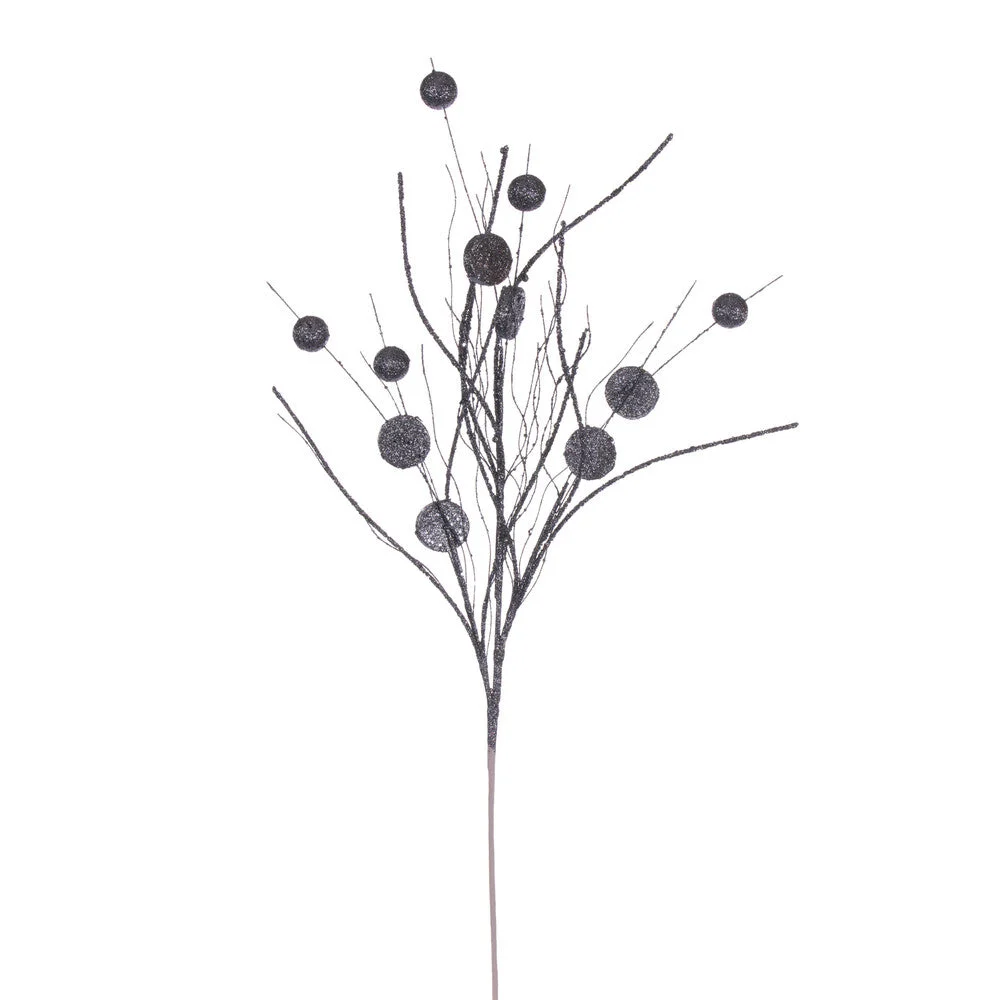 Vickerman QG220887 33" Pewter Ball And Coin Glitter Twig Spray 6 Per Bag.