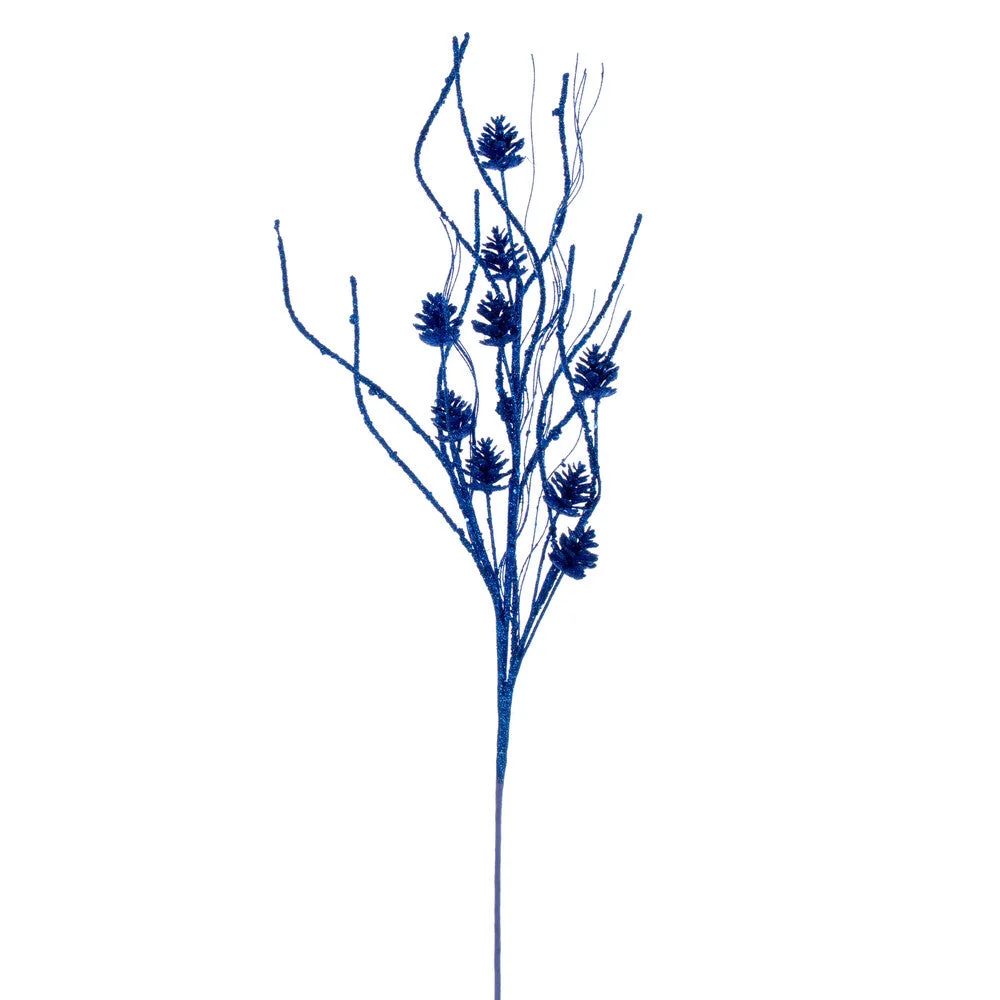Vickerman QG224002 32" Blue Mini Pinecone Twig Glitter Spray 6 Per Bag.