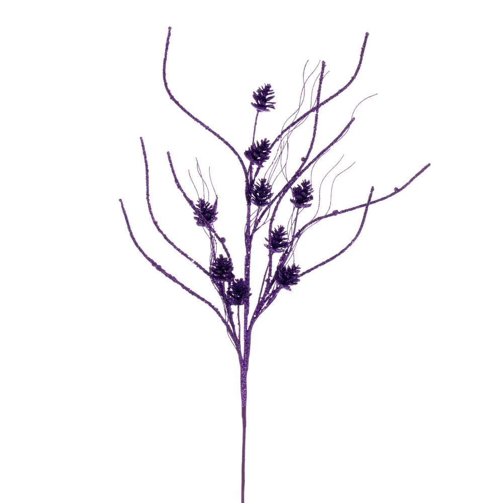 Vickerman QG224066 32" Purple Mini Pinecone Twig Glitter Spray 6 Per Bag.