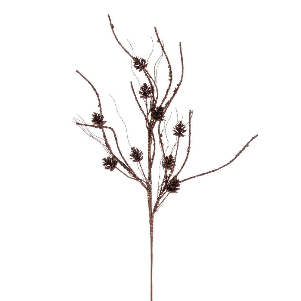 Vickerman QG224076 32" Mocha Mini Pinecone Twig Glitter Spray 6 Per Bag.