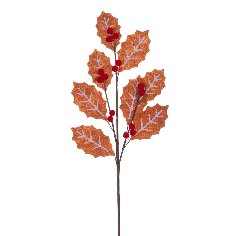 Vickerman RG222576 27.5" Brown And White Felt Holly And Red Berry Spray 4 Per Bag.