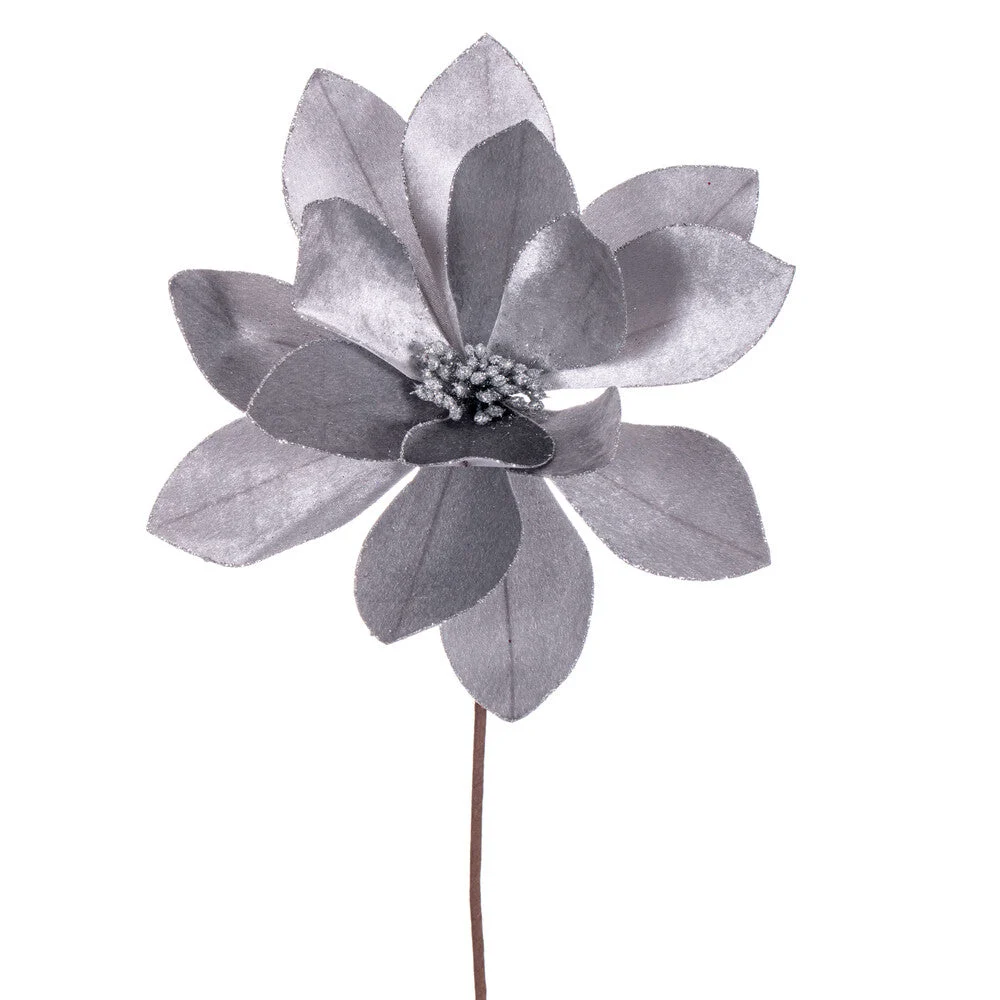 Vickerman RG223307 22" Silver Velvet Sheen Glitter Trim Poinsettia Stem 4 Per Bag.