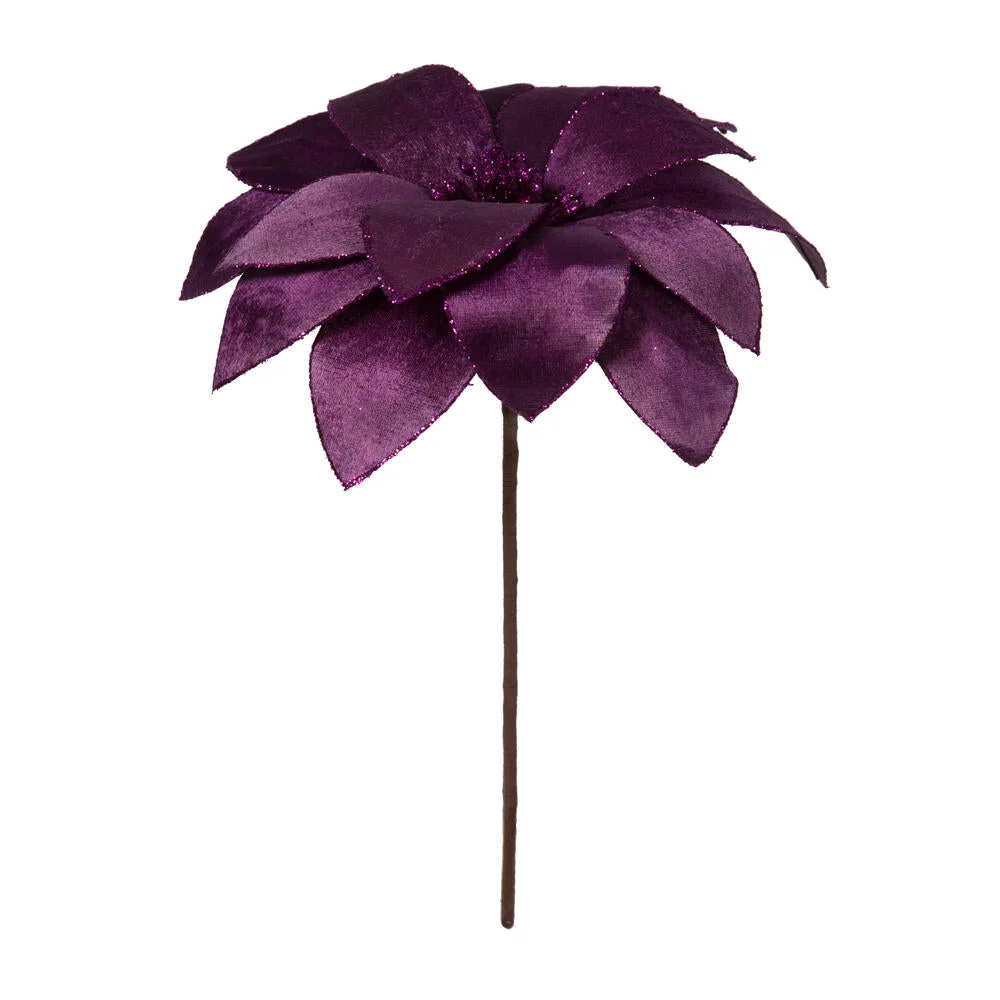 Vickerman RG223366 22" Purple Velvet Sheen Glitter Trim Poinsettia Stem 4 Per Bag.