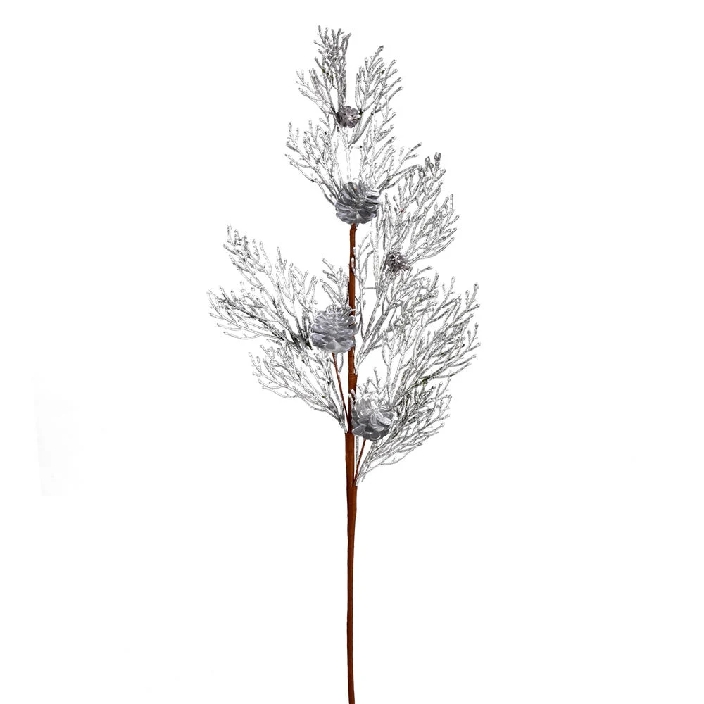 Vickerman RX193207 36" Silver Glitter Pine Cone Artificial Christmas Spray. Includes 3 Sprays Per Pack.