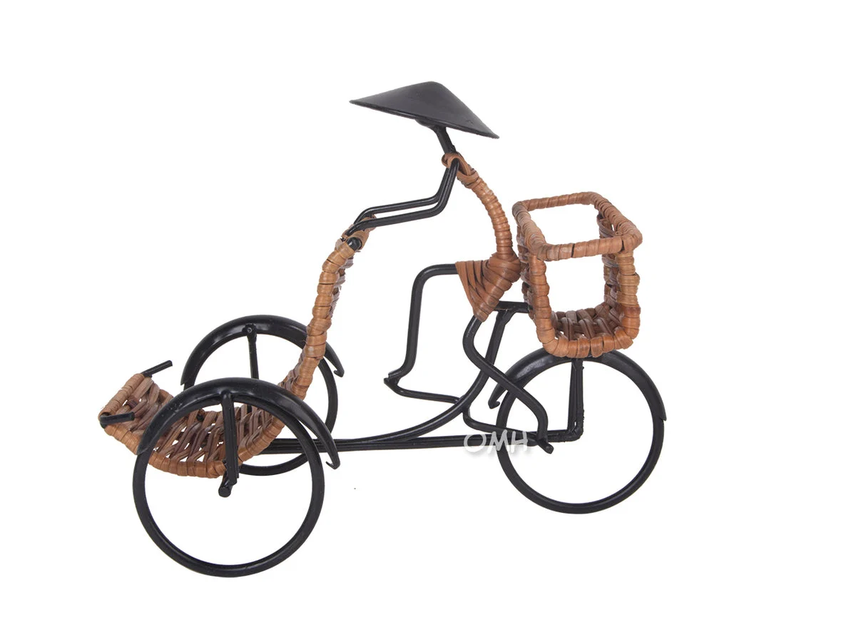 Card Holder 7.09" – Asian Style Rickshaw Driver – Handcrafted Metal and Rattan By Old Modern Handicrafts